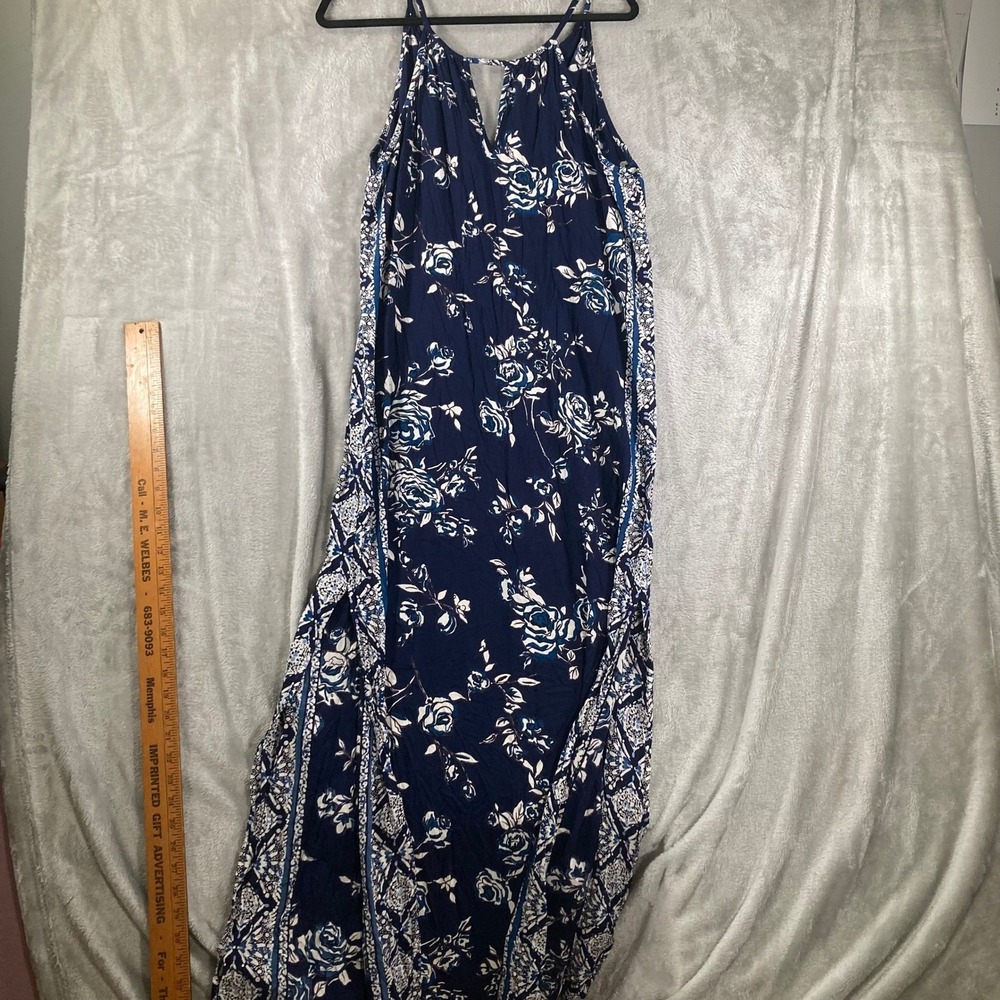 Angie Navy Blue Floral Rose Print Maxi Dress Sleeveless V-Neck Gown Boho Summer